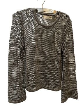 Anthropologie metallic silver crochet knit FESTIVAL top sweater XS